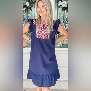 NWT Kirundo Blue S Multicolor Embroidered Ruffled Short Sleeve Dress Women's